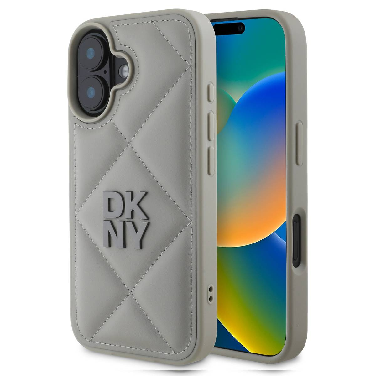 Un iPhone in una custodia grigia DKNY. La custodia ha un motivo trapuntato e il logo DKNY. Lo schermo mostra uno sfondo colorato.