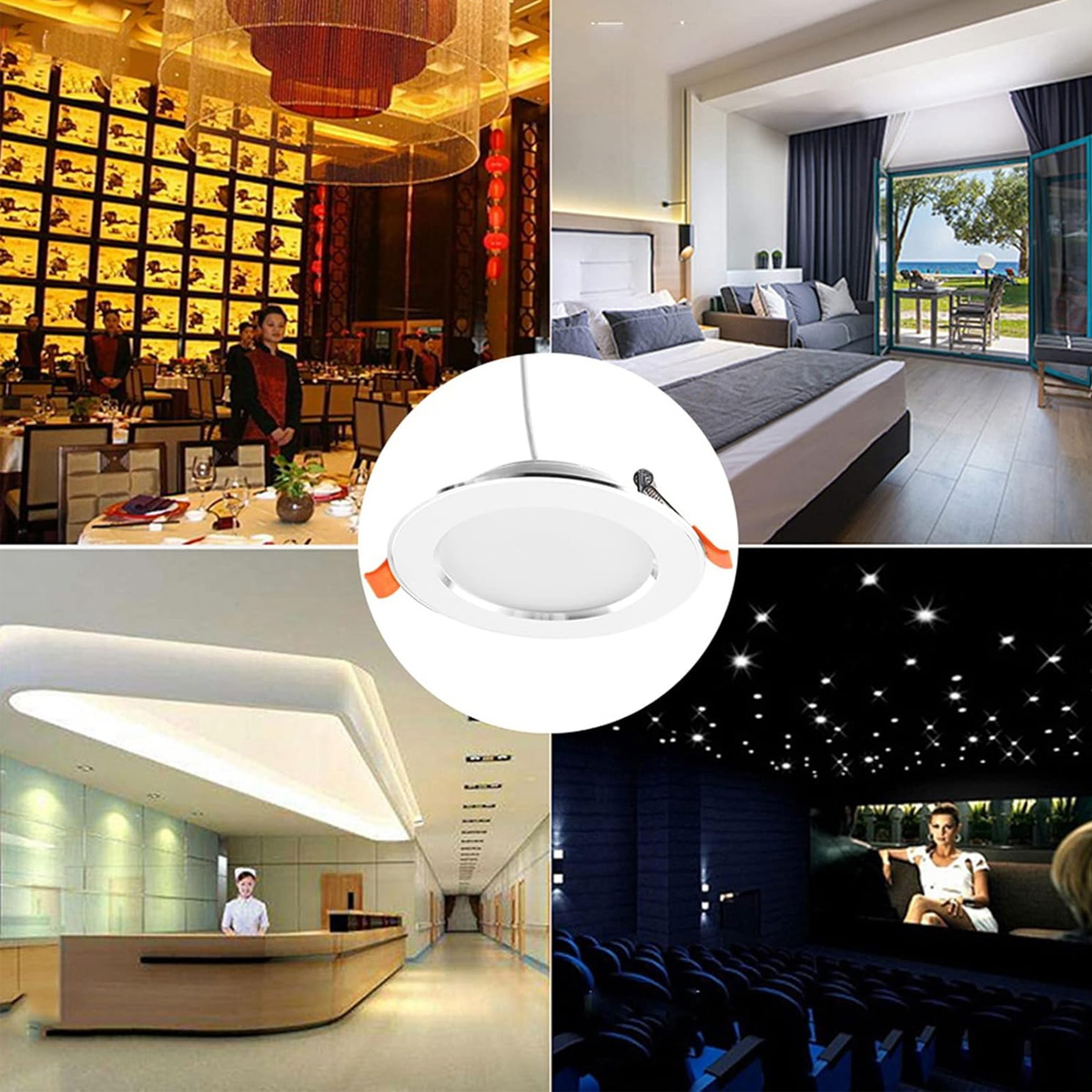 Collage von Bildern: Restaurant, Hotelzimmer, Deckenleuchte, Rezeption und Kino mit Sternen.