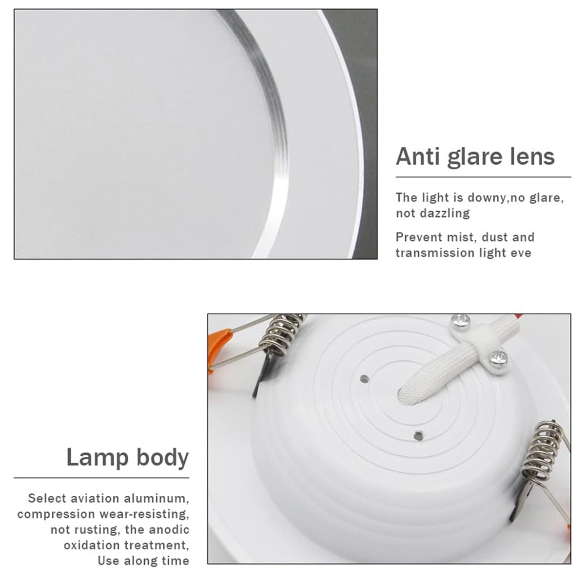 Nahaufnahme einer weißen LED-Lampe. Zeigt den Lampenkörper und die Blendschutzlinse. Enthält Text über Materialien und Lichtstreuung.