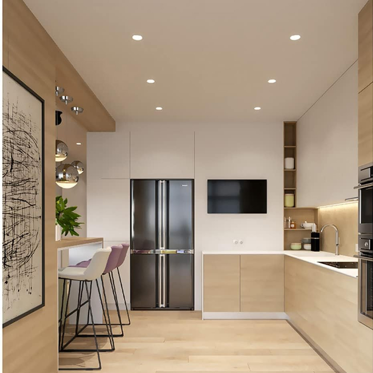 Moderne Küche mit Holzschränken und -böden. Merkmale sind ein Kühlschrank, TV, Barhocker und Einbaustrahler.