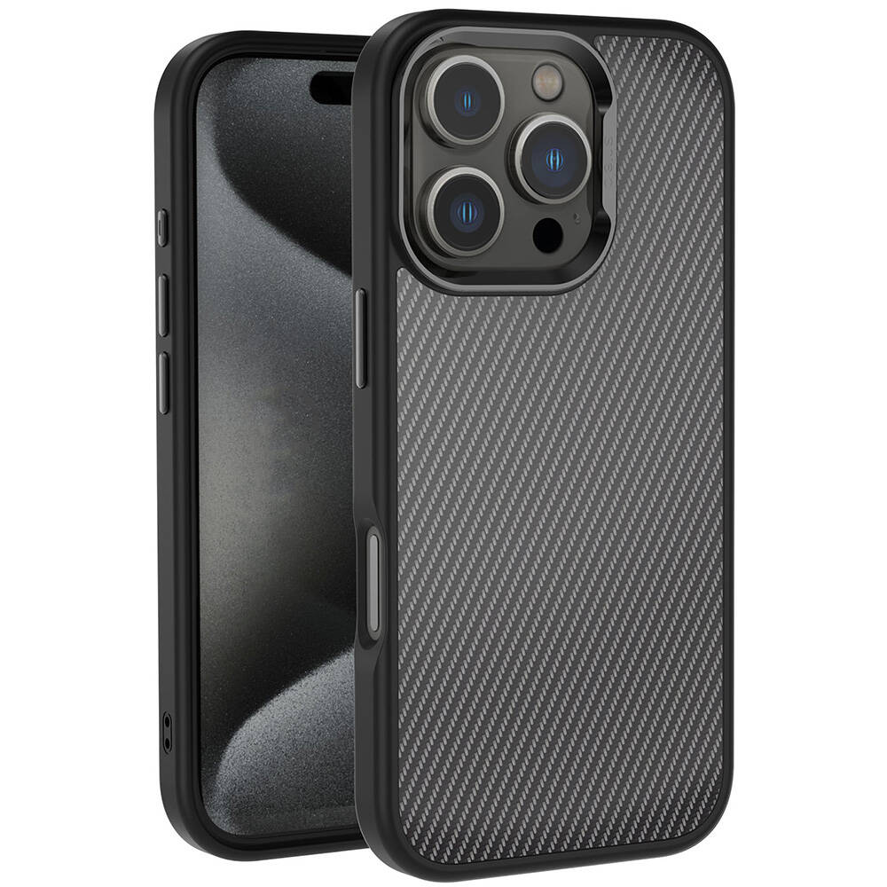 İki siyah telefon kılıfı. Biri ekranı, diğeri ise arka tarafı gösteriyor. Arkalar karbon fiber dokuya sahip ve kamera lensleri görünür durumda.