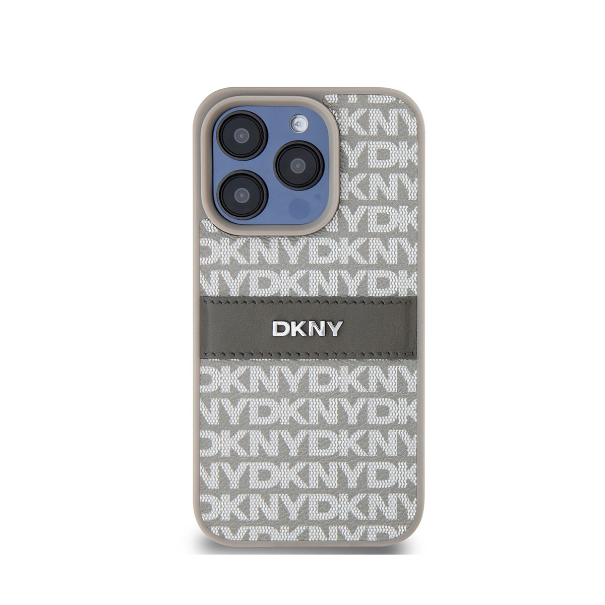 Una custodia per telefono DKNY, grigio chiaro con loghi DKNY ripetuti. Ha una fascia grigio scuro con il logo DKNY.