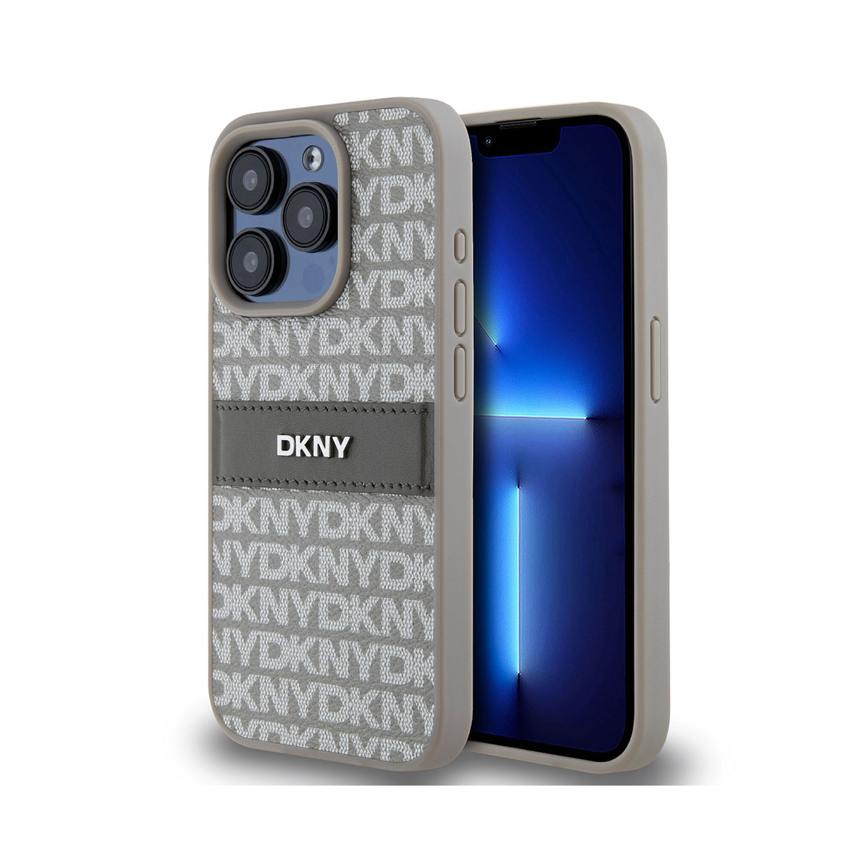 Un iPhone in una custodia DKNY. La custodia è grigio chiaro con un motivo e il logo DKNY è visibile. Lo schermo è acceso e mostra una luce blu.