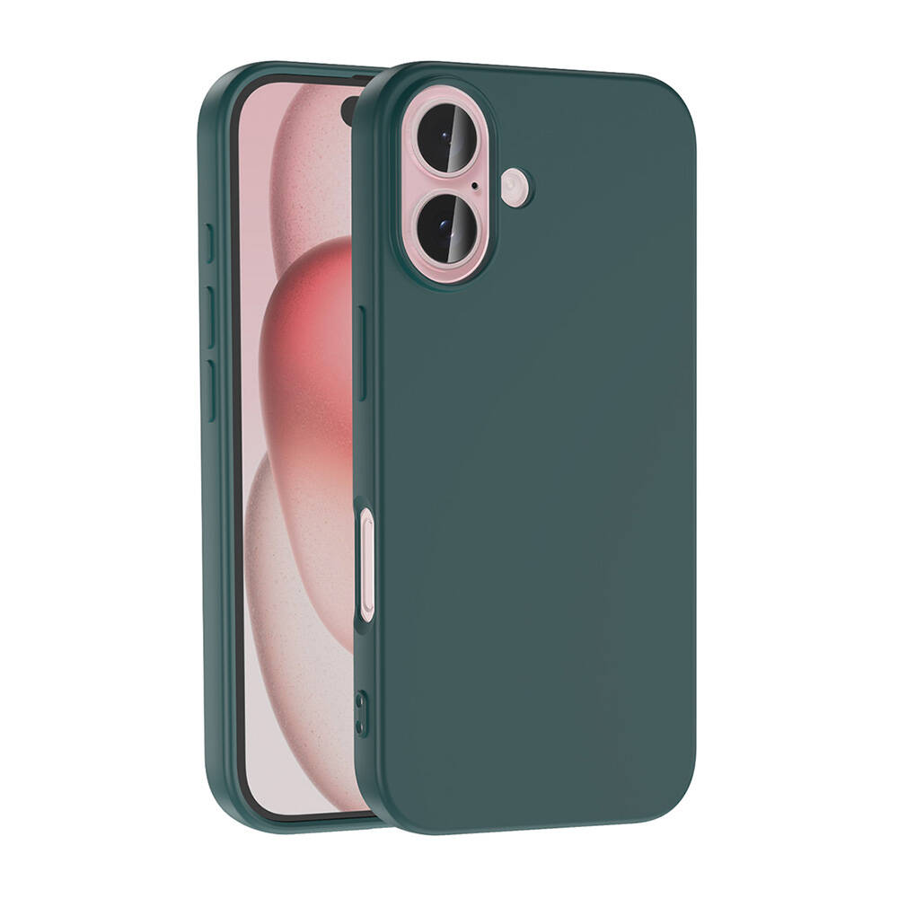 İçinde pembe ve beyaz bir ekran gösteren, koyu yeşil bir telefon kılıfı. Kılıfın kamera oyukları ve düğmeleri var.