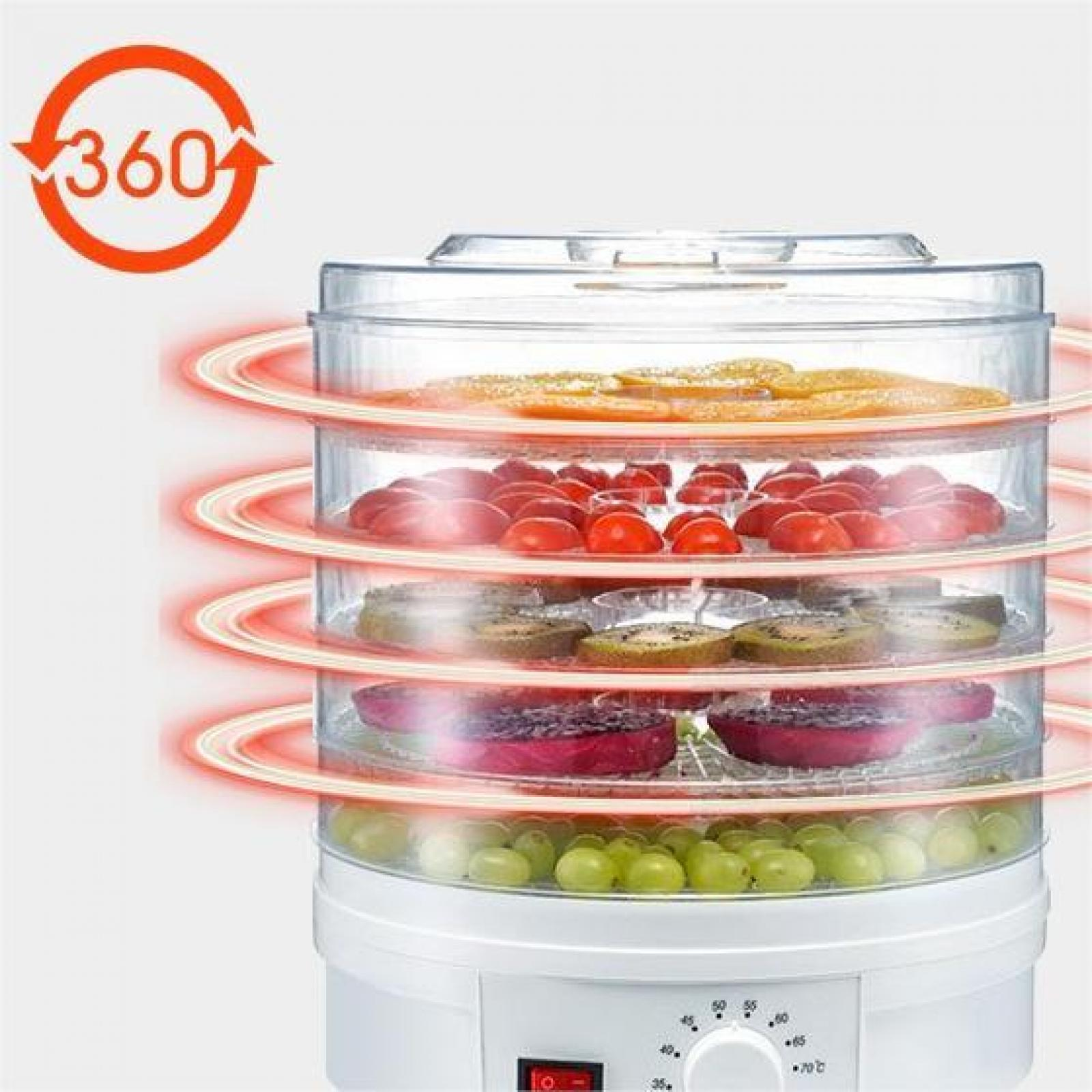 Ein Lebensmittel-Dehydrator mit mehreren Tabletts, die Obst und Gemüse enthalten. Die Maschine ist weiß mit Timer und roter Ein-/Aus-Taste.