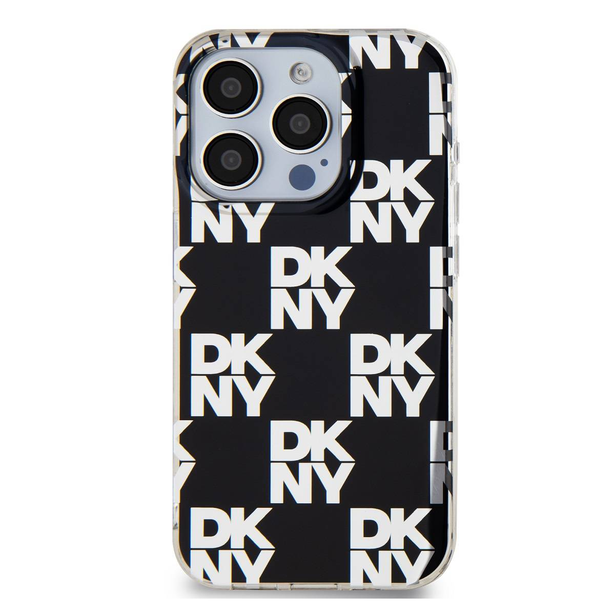 Una custodia per telefono con sfondo nero, con il logo DKNY bianco ripetuto. Una cornice trasparente circonda la custodia. Il telefono ha più fotocamere.