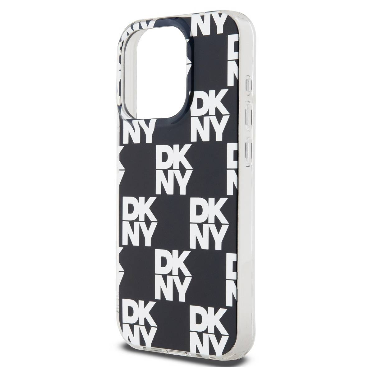 Una custodia trasparente per iPhone con sfondo nero e motivo ripetuto del logo DKNY NY bianco.
