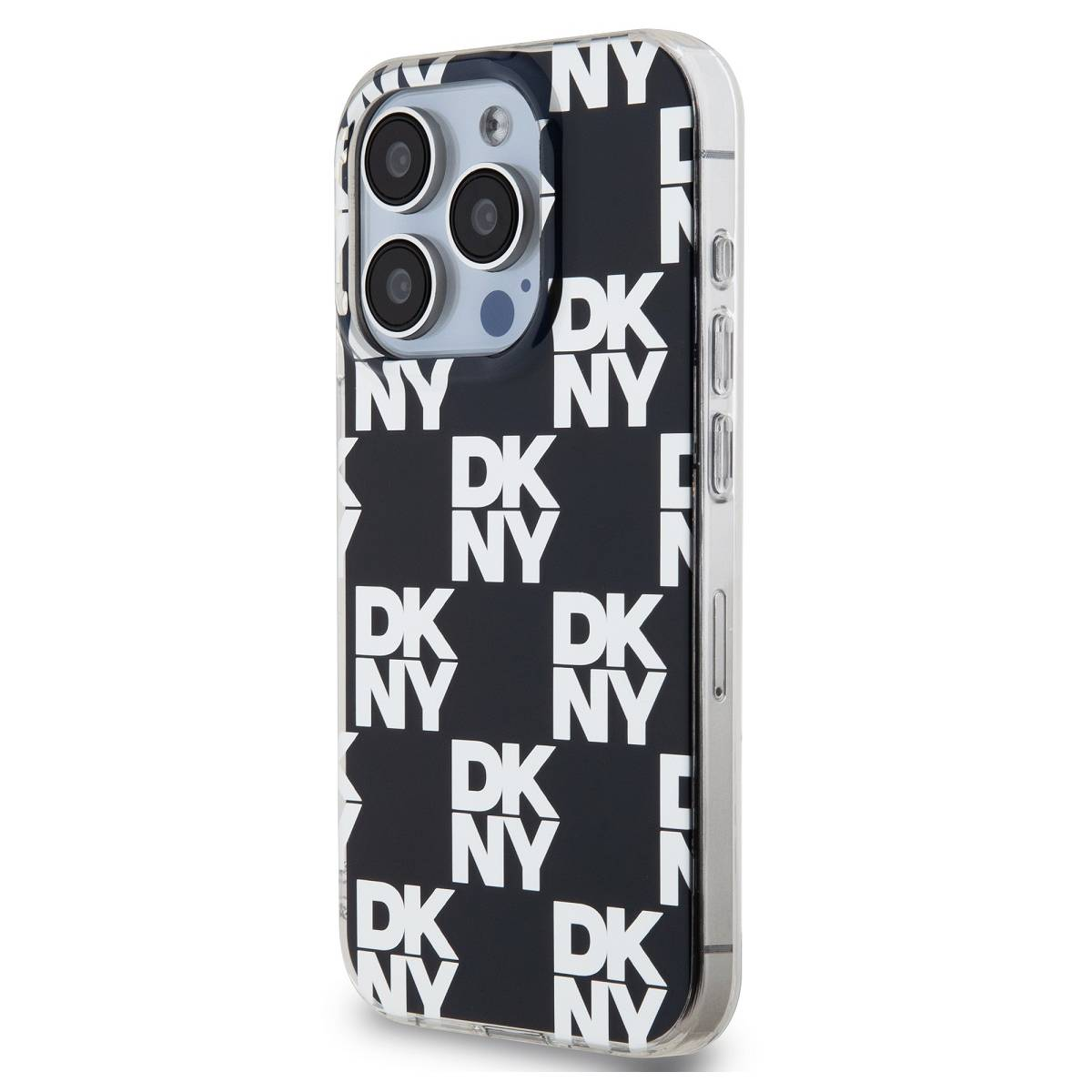 Una custodia per telefono con sfondo nero e logo DKNY bianco. La custodia ha un bordo trasparente e un modulo fotocamera.