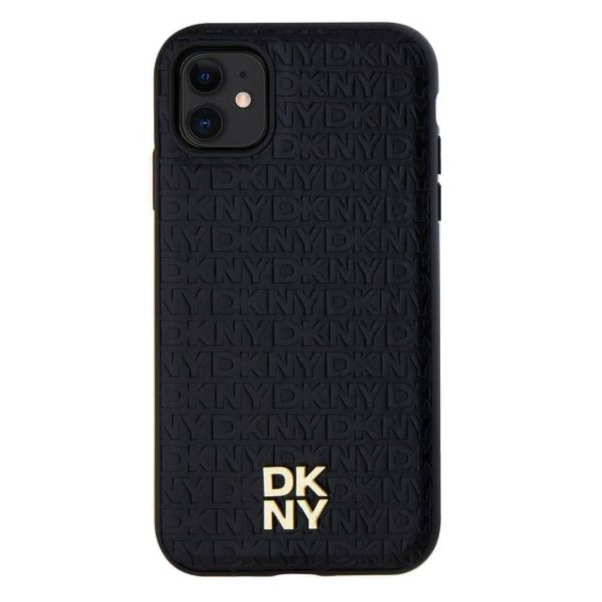 Custodia nera per iPhone con logo e motivo DKNY in rilievo. Logo DKNY dorato in basso. Obiettivi della fotocamera in alto.