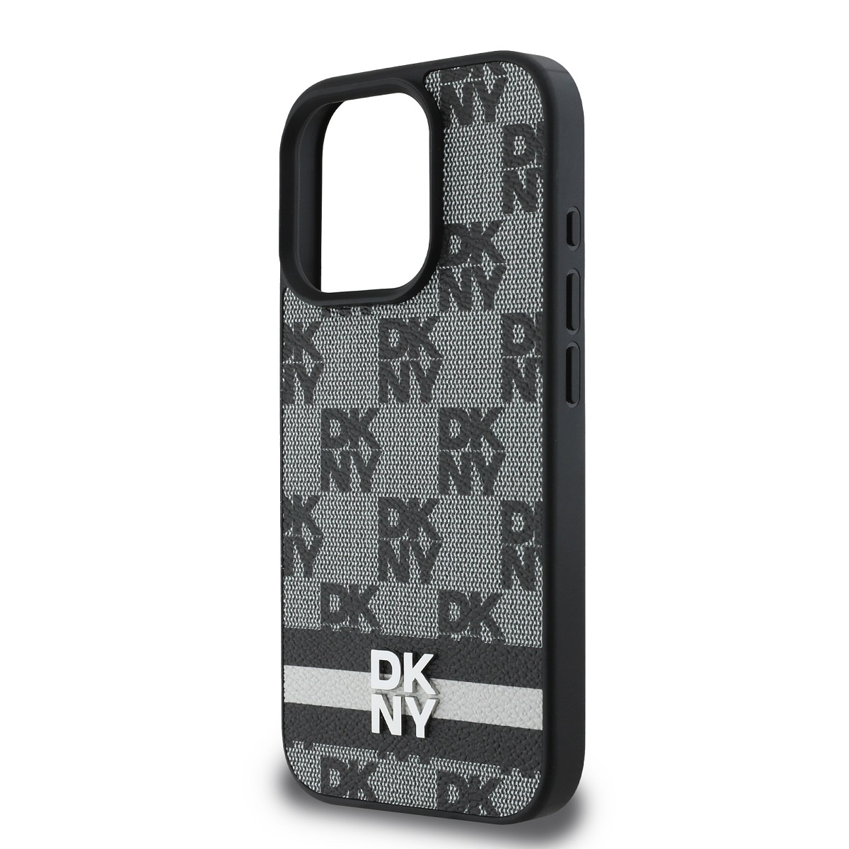 Una custodia per telefono nera e grigia con logo DKNY. Ha un bordo nero e un motivo con le lettere DKNY.