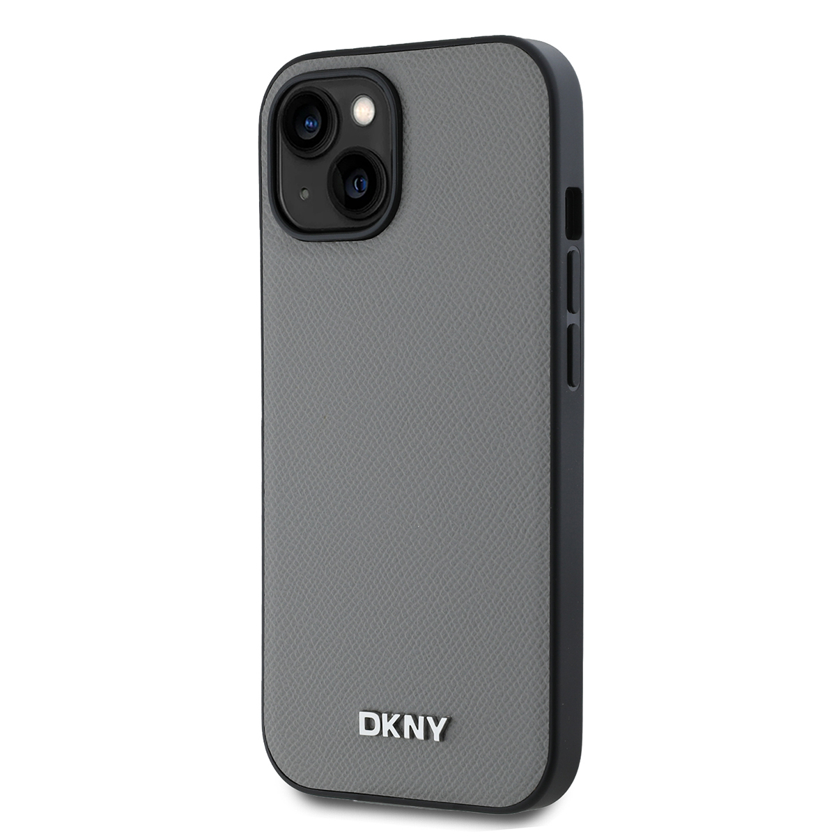 Una custodia grigia DKNY. Ha una fotocamera a doppia lente, una cornice nera e il logo DKNY in basso. La custodia è strutturata.