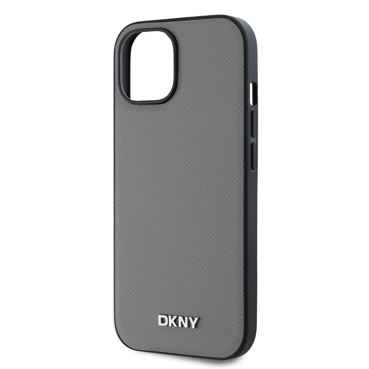 Una custodia grigia DKNY con bordo nero. La custodia ha una superficie strutturata e il logo DKNY è visibile.