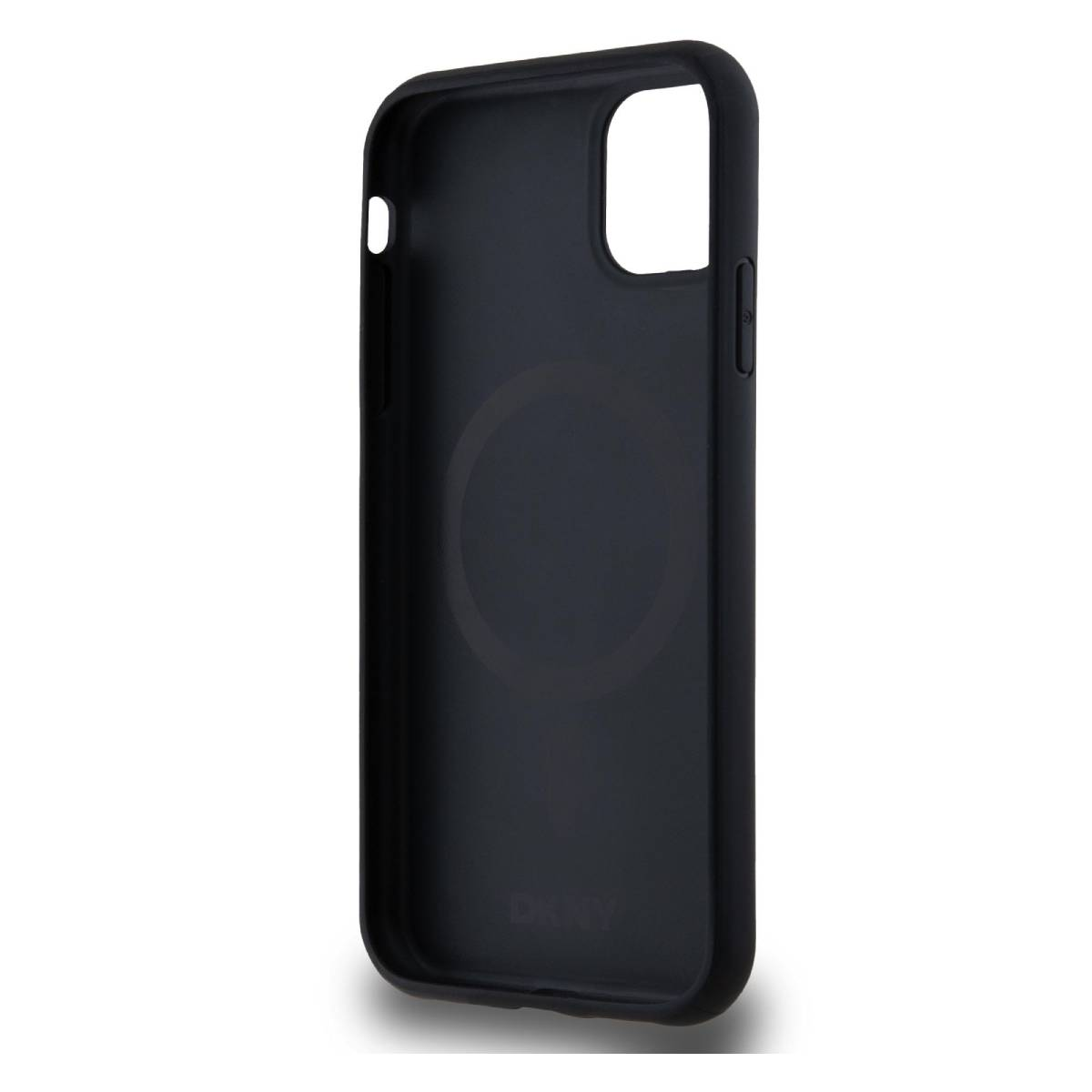 Una custodia nera DKNY per telefono. Ha dei ritagli per la fotocamera e i pulsanti. Sul retro è visibile un cerchio magnetico.