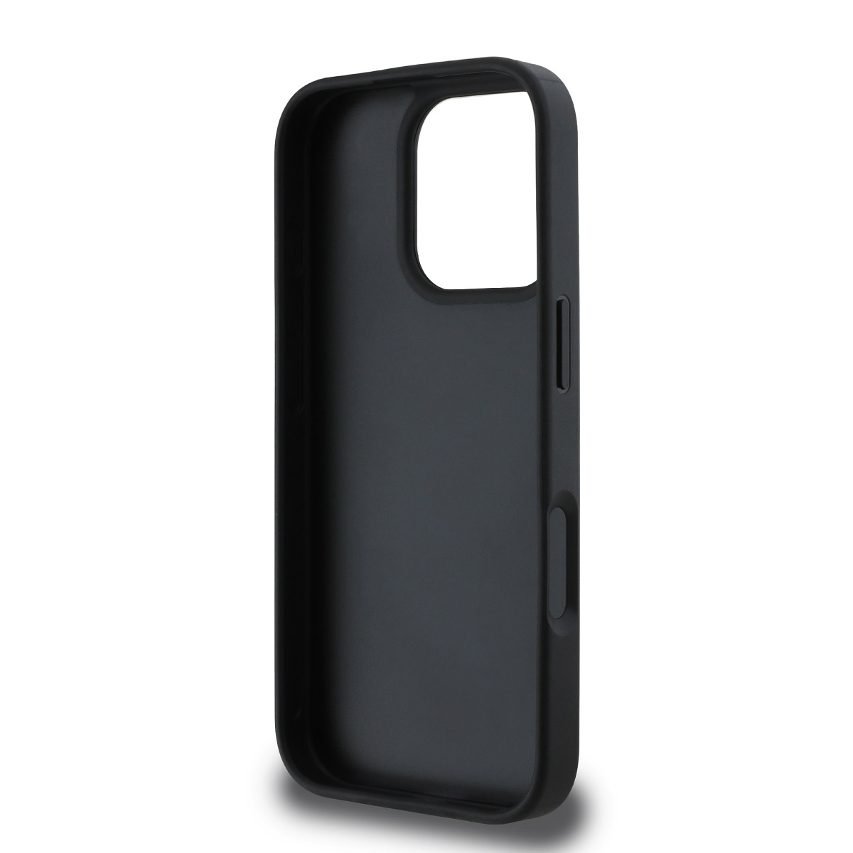 Una custodia per telefono grigio scuro, vista lateralmente, con un ritaglio per la fotocamera e rientranze per i pulsanti. Lo sfondo è bianco.