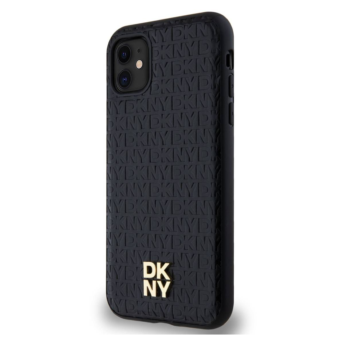 Una custodia nera per iPhone con testo 'DKNY' ripetuto e un logo 'DKNY' dorato. Il telefono ha due fotocamere ed è su sfondo bianco.