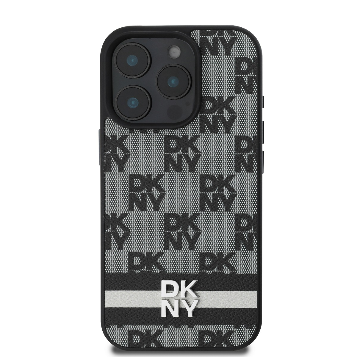 Una custodia per telefono con il logo DKNY. Ha un bordo nero, un motivo grigio con DKNY in nero e una striscia bianca.