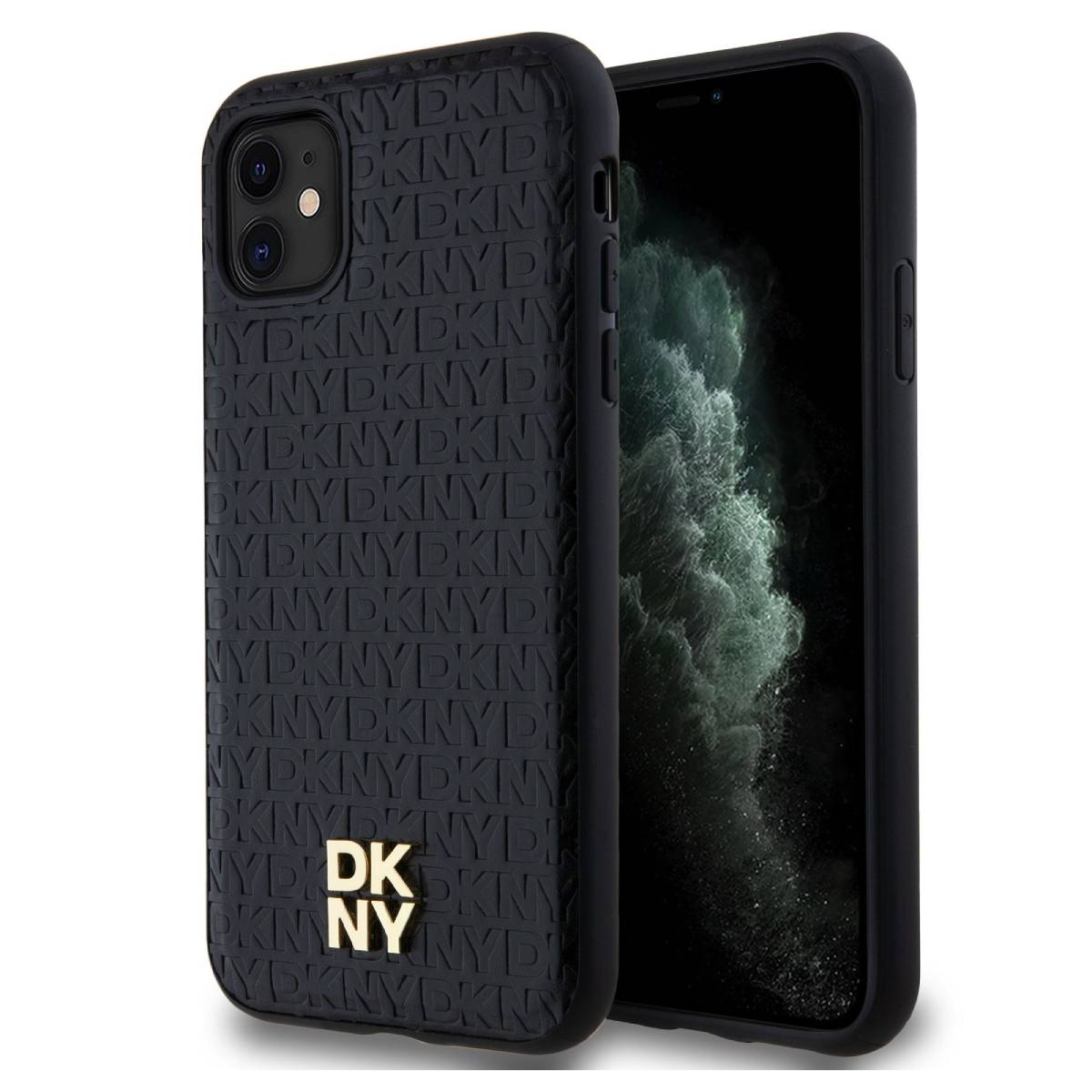 Custodia per telefono nera con logo DKNY e testo in rilievo. Il telefono è nero con un ampio schermo. La custodia è sul lato sinistro.