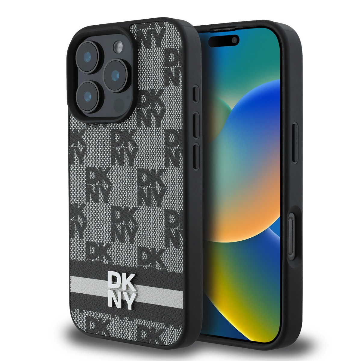 Un iPhone in una custodia DKNY nera. La custodia ha un motivo e le lettere DKNY. Lo schermo mostra una sfumatura blu e verde.