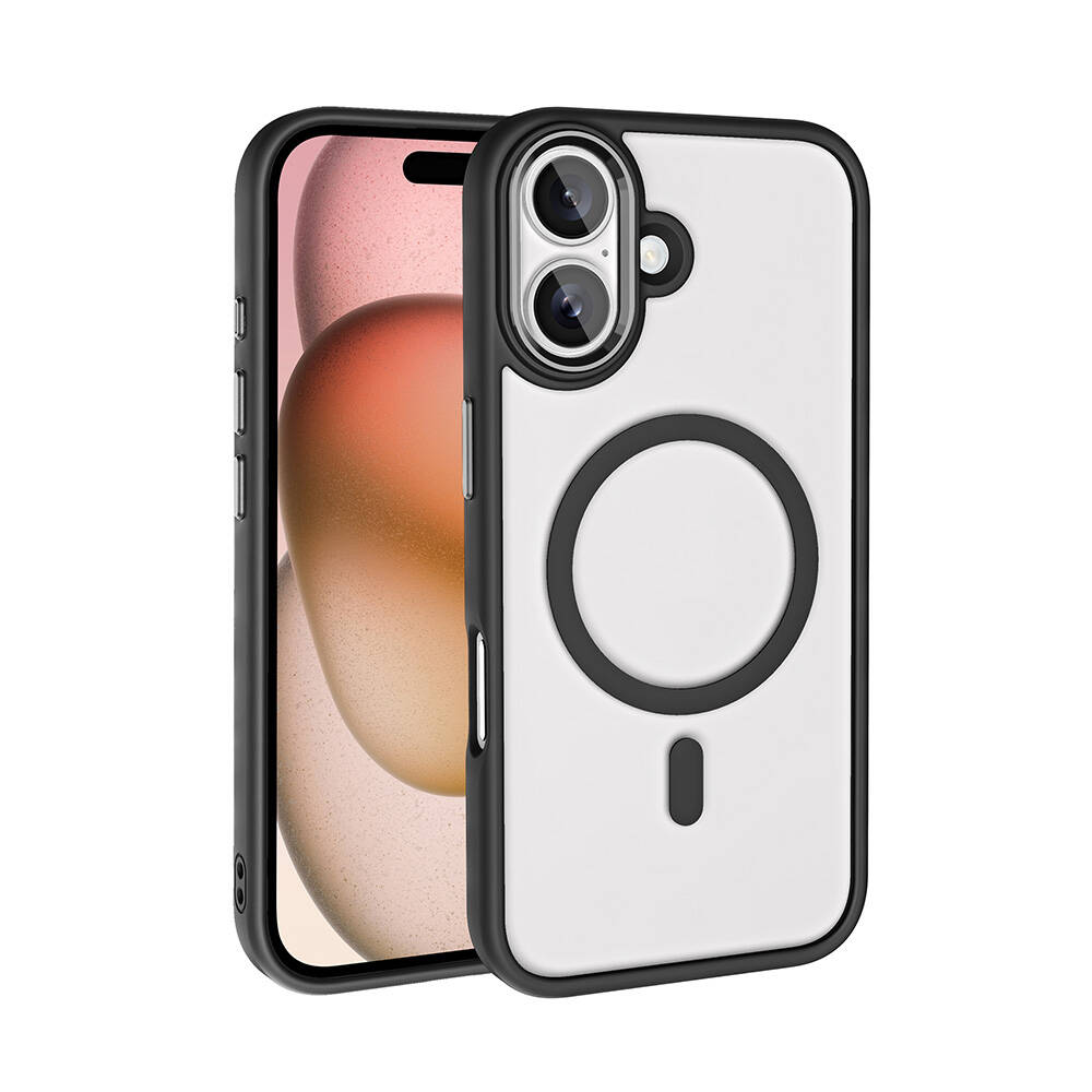 Siyah çerçeveli beyaz bir telefon kılıfı bir telefonun yanında duruyor. Kılıfın kamera açıklığı, bir daire ve bir çizgi var.