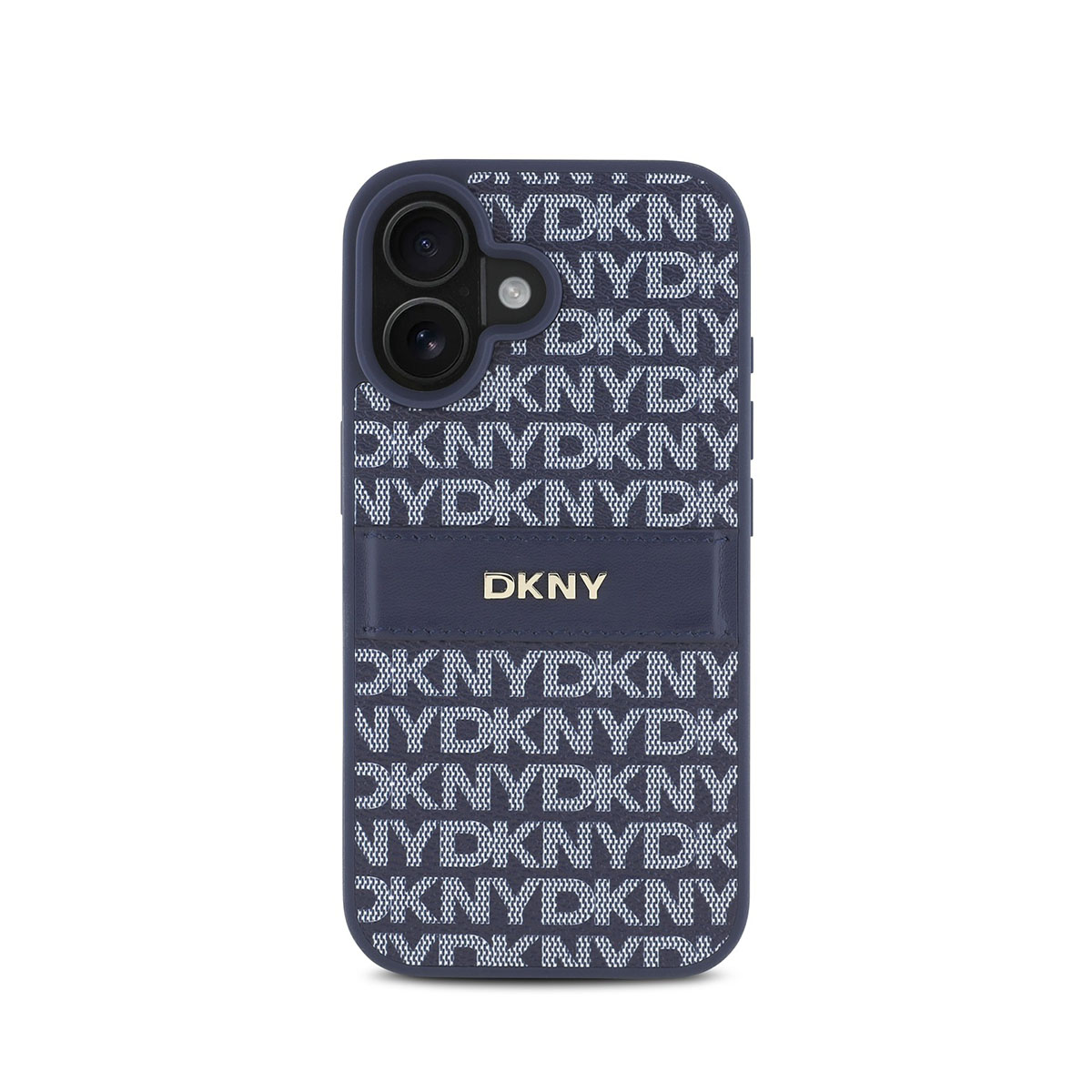 Una custodia blu navy con logo DKNY. La custodia ha un motivo 'NYDKNY' in bianco. Le lenti della fotocamera del telefono sono visibili.