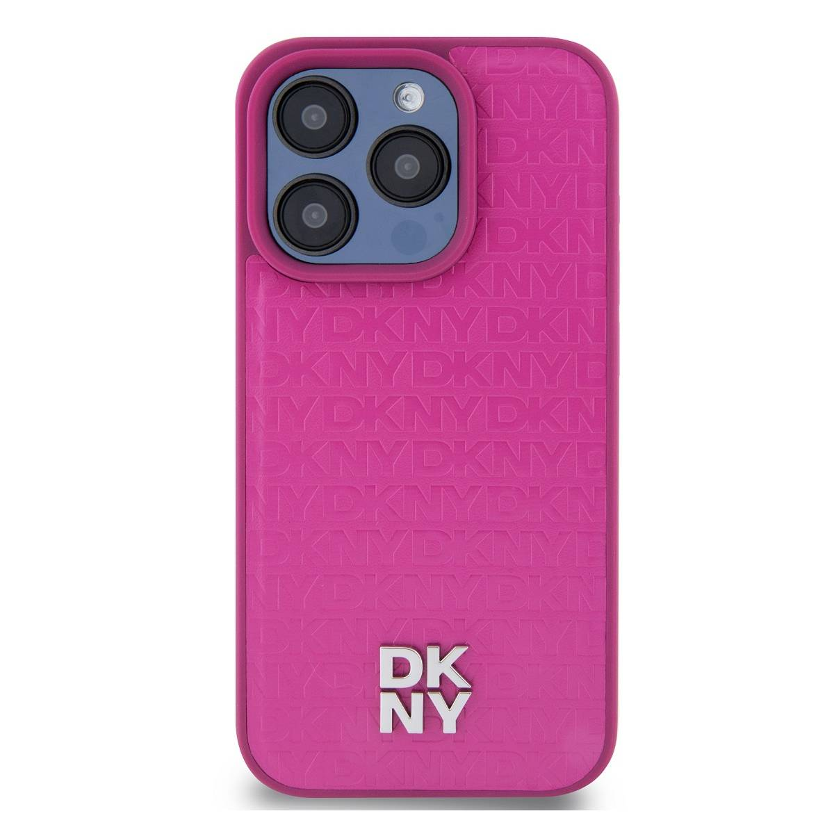 Una custodia rosa per telefono con motivo DKNY e lenti della fotocamera.