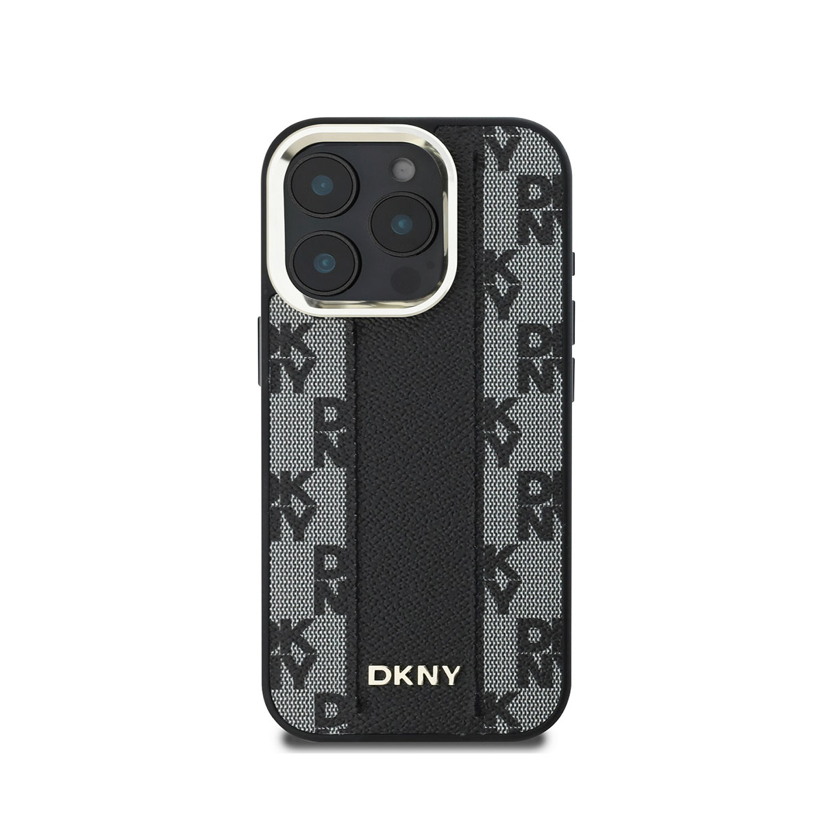 Una custodia per telefono con il logo DKNY. Ha una striscia di pelle nera al centro e un motivo con le lettere DKNY in grigio.