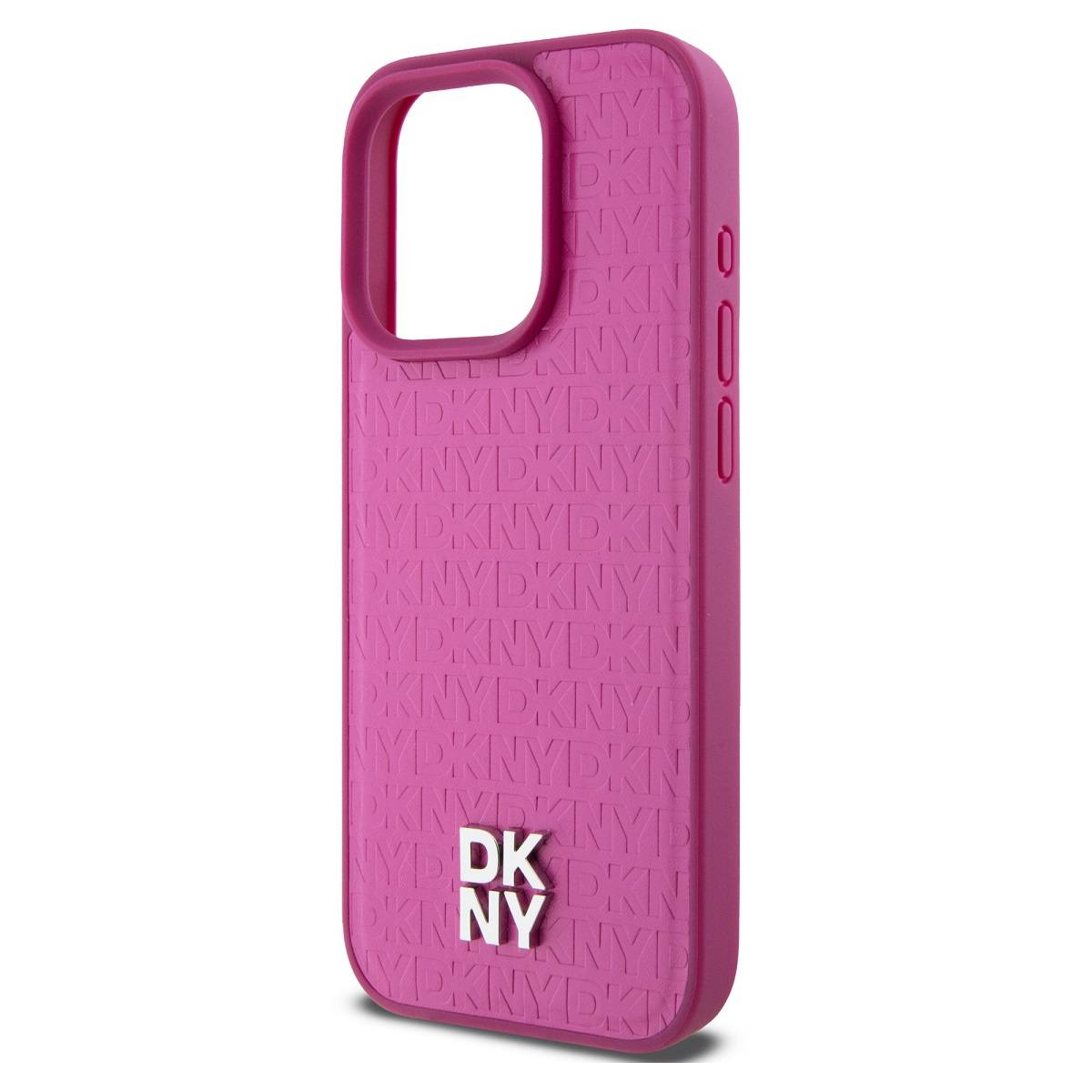 Una custodia per telefono rosa con logo e motivo DKNY. La custodia ha fori per fotocamera e pulsanti.