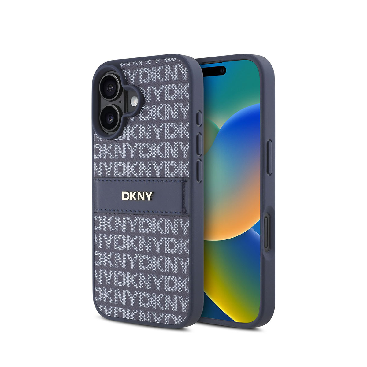 Un iPhone blu con custodia DKNY. La custodia ha un motivo con loghi DKNY bianchi. Lo schermo mostra uno sfondo colorato.