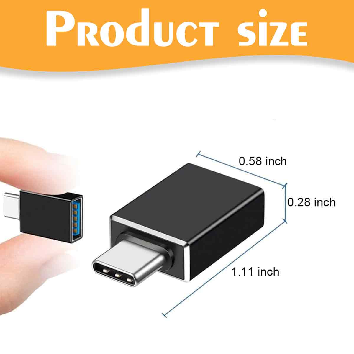 Das Bild zeigt einen schwarzen USB-C-Adapter mit Abmessungen. Der Text Produktgröße steht oben. Eine Hand hält einen anderen Adapter.