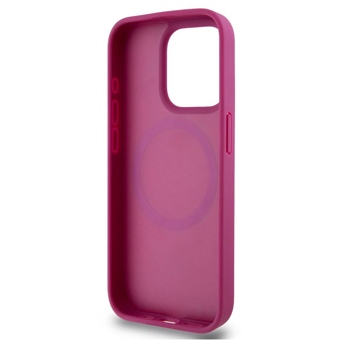 Una custodia magenta per iPhone. Ha aperture per la fotocamera e i pulsanti. La custodia è realizzata in materiale morbido con una superficie liscia.