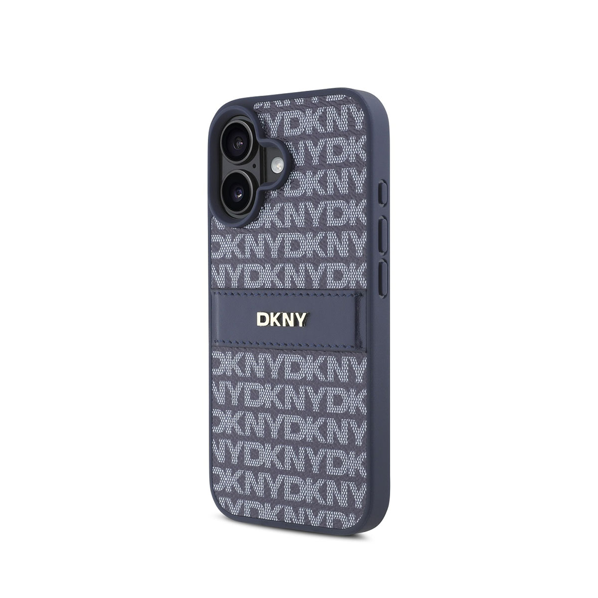 Una custodia per telefono DKNY blu navy. La custodia ha il logo e il motivo DKNY. La custodia è su una superficie bianca.