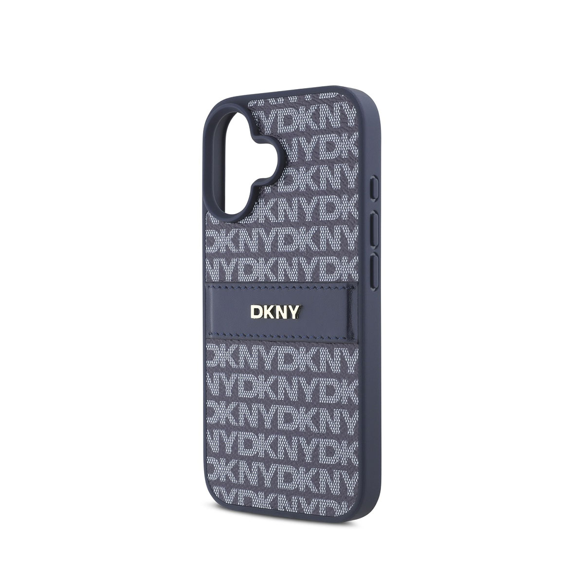 Una custodia per telefono DKNY blu navy. La custodia ha un motivo con loghi DKNY e un'etichetta DKNY. Lo sfondo è bianco.