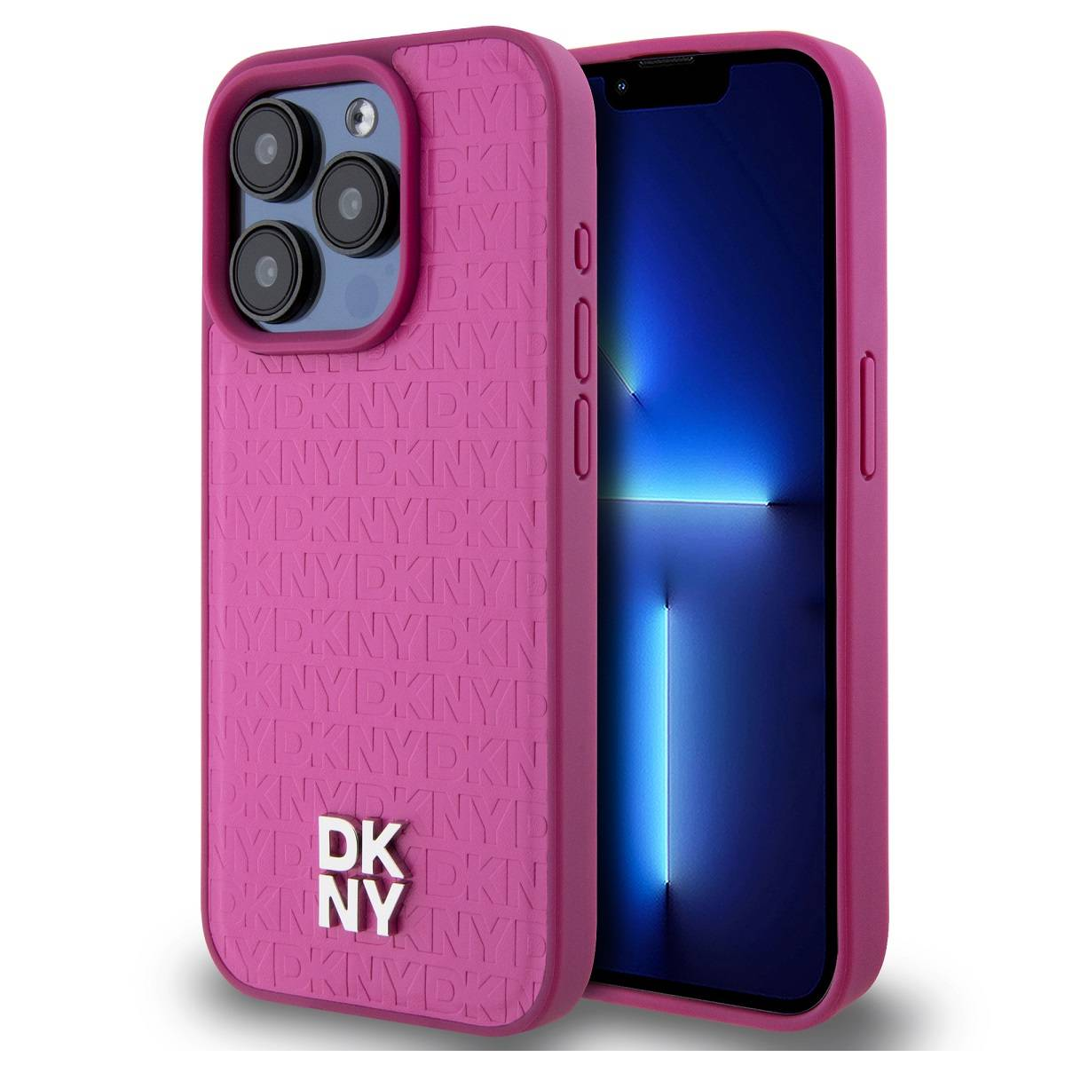 Un iPhone magenta in una custodia abbinata. La custodia è di DKNY, con il logo visibile. Lo schermo del telefono è nero con luce blu.