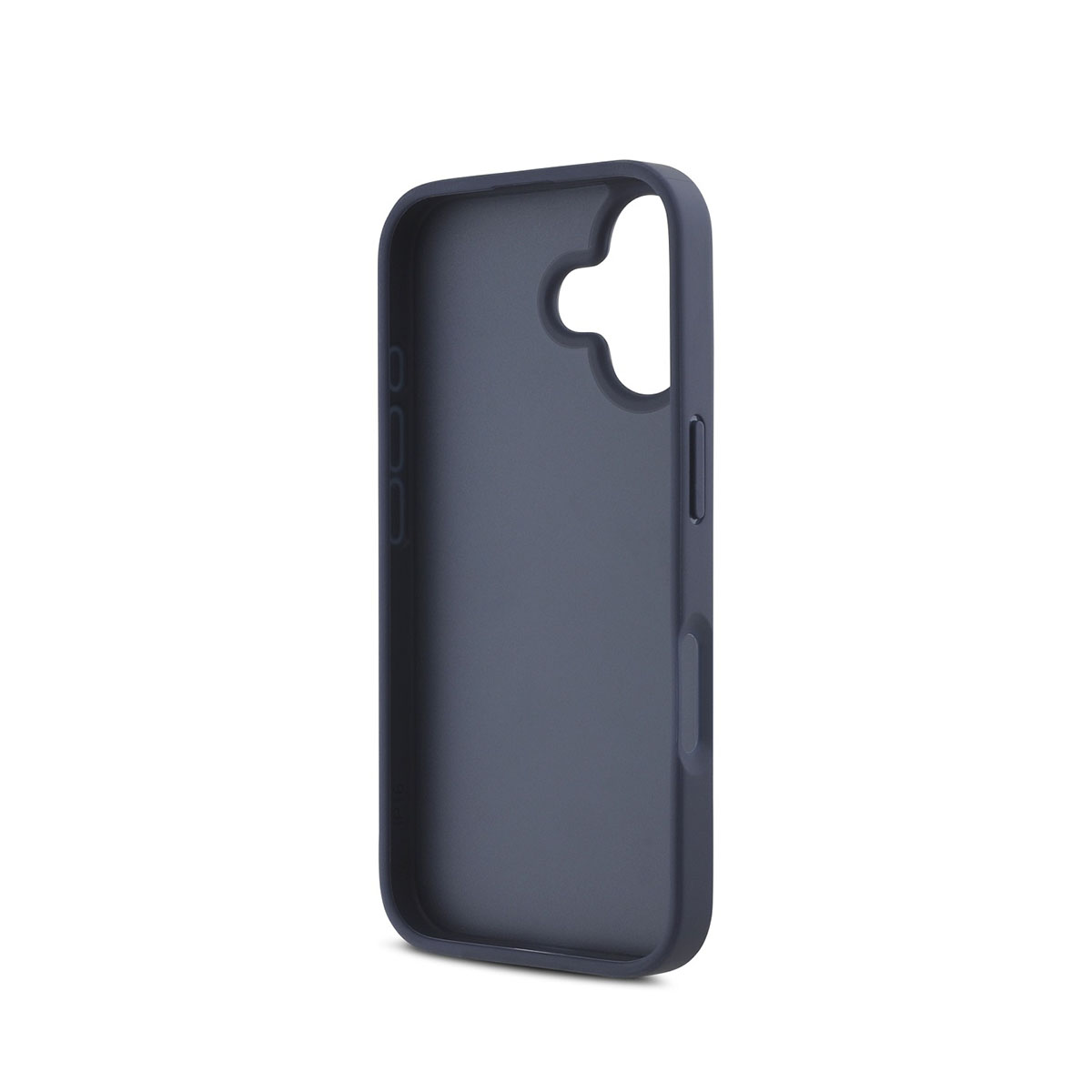 Una custodia per telefono grigio scuro, con fori per fotocamera e pulsanti, è posizionata su sfondo bianco.