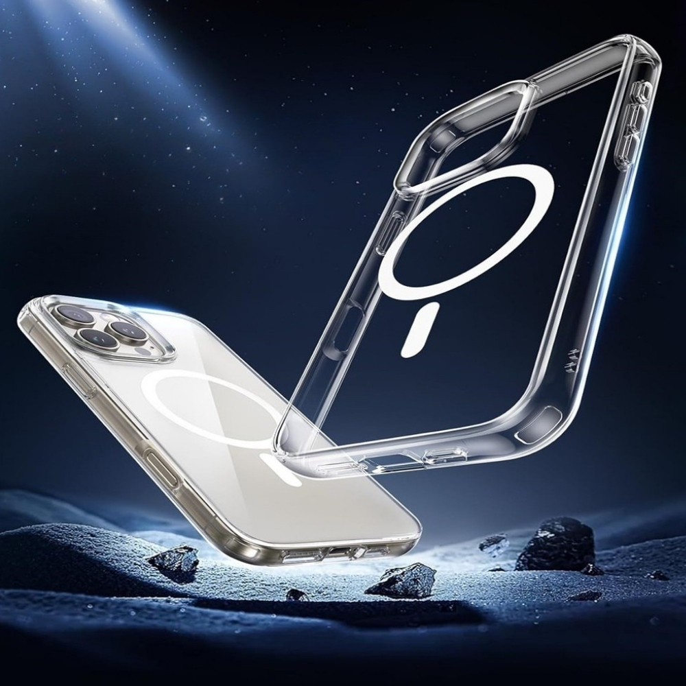 Beyaz manyetik halkalı şeffaf telefon kılıfı ve telefon. Işık huzmeleri ve küçük kayalarla koyu arka plan. Kılıf havada duruyor.