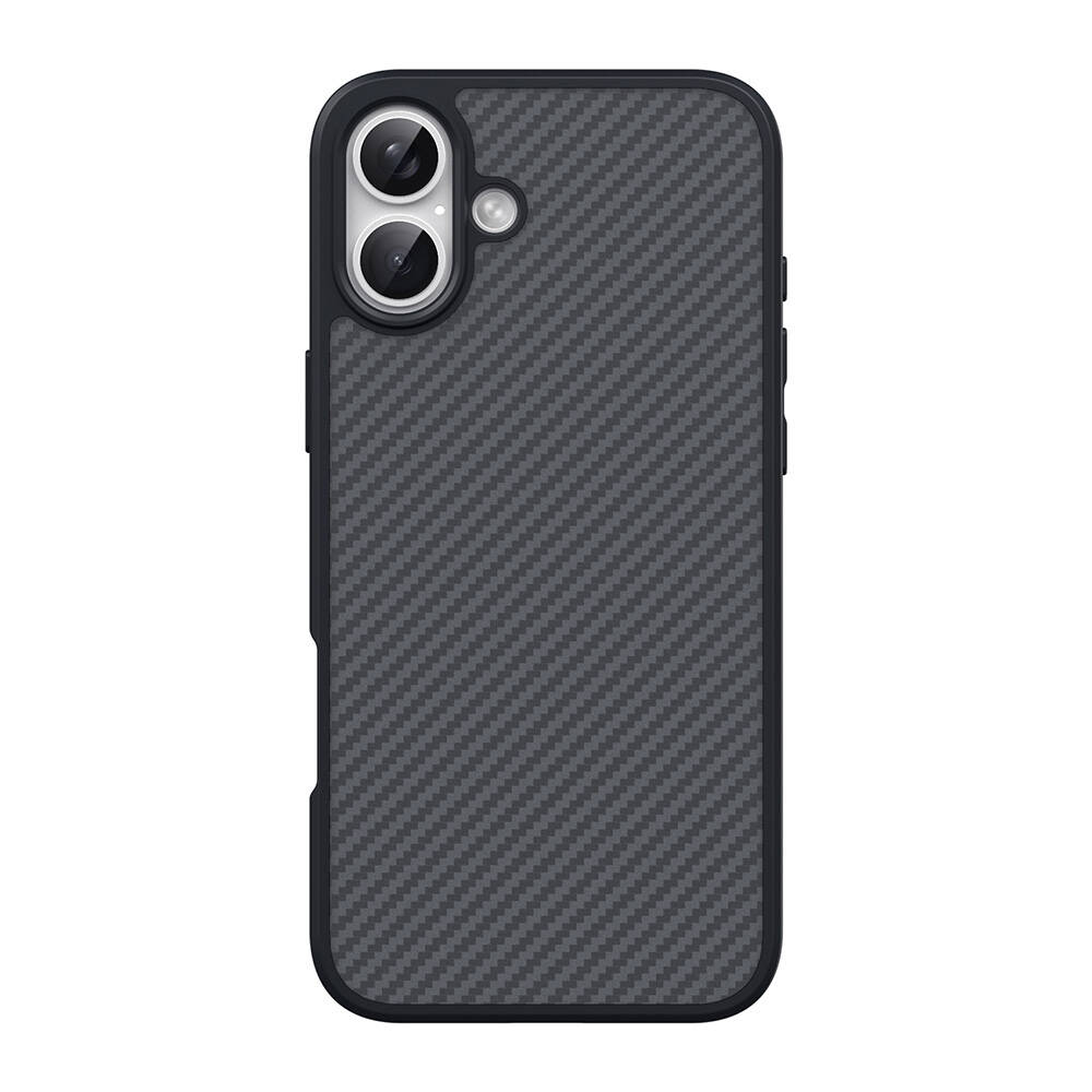 Karbon fiber dokulu siyah telefon kılıfı. Kamera boşlukları ve siyah çerçevesi var.