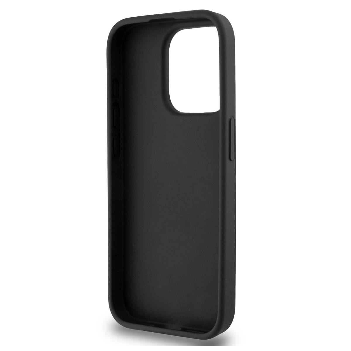 Custodia nera per telefono, con ritaglio per fotocamera e ritagli per pulsanti. La custodia è su sfondo bianco.