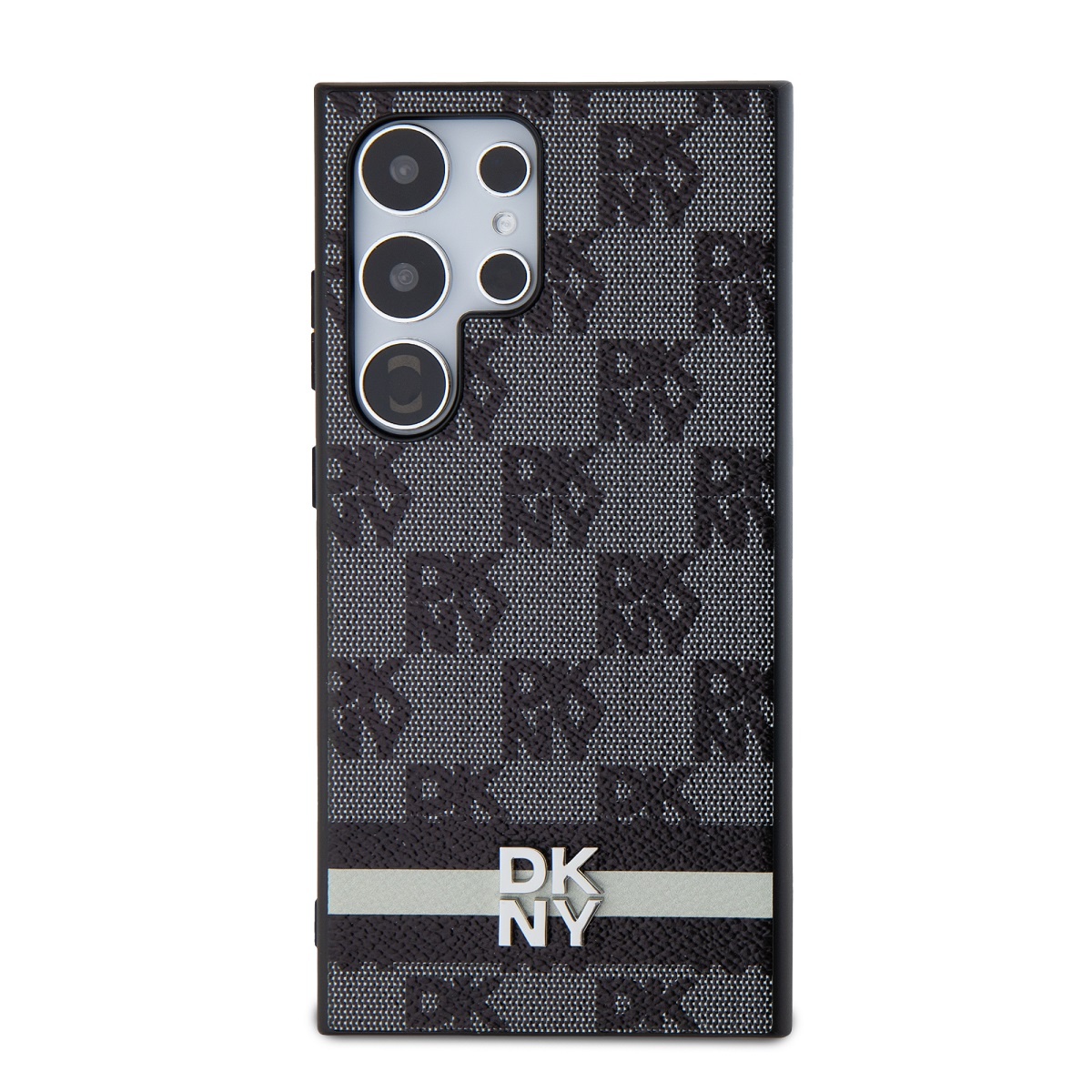 Una custodia nera per telefono con motivo DKNY. Ha una striscia argentata e il logo DKNY. Il telefono ha più fotocamere.