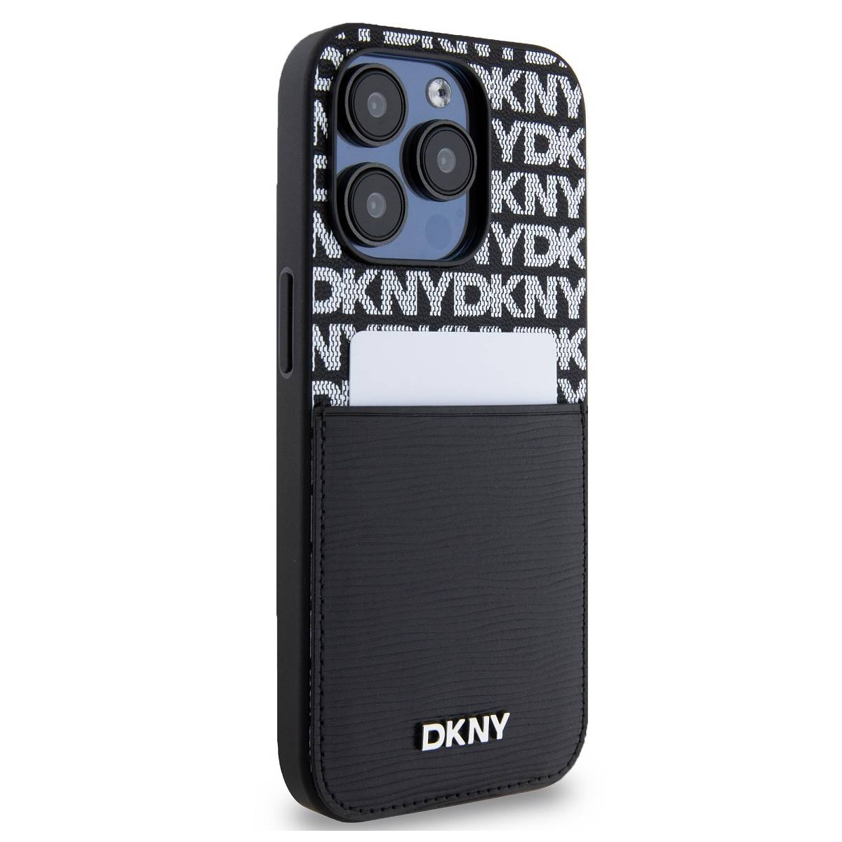 Una custodia per telefono nera con logo DKNY. Ha uno slot per carte e un motivo con il logo DKNY.