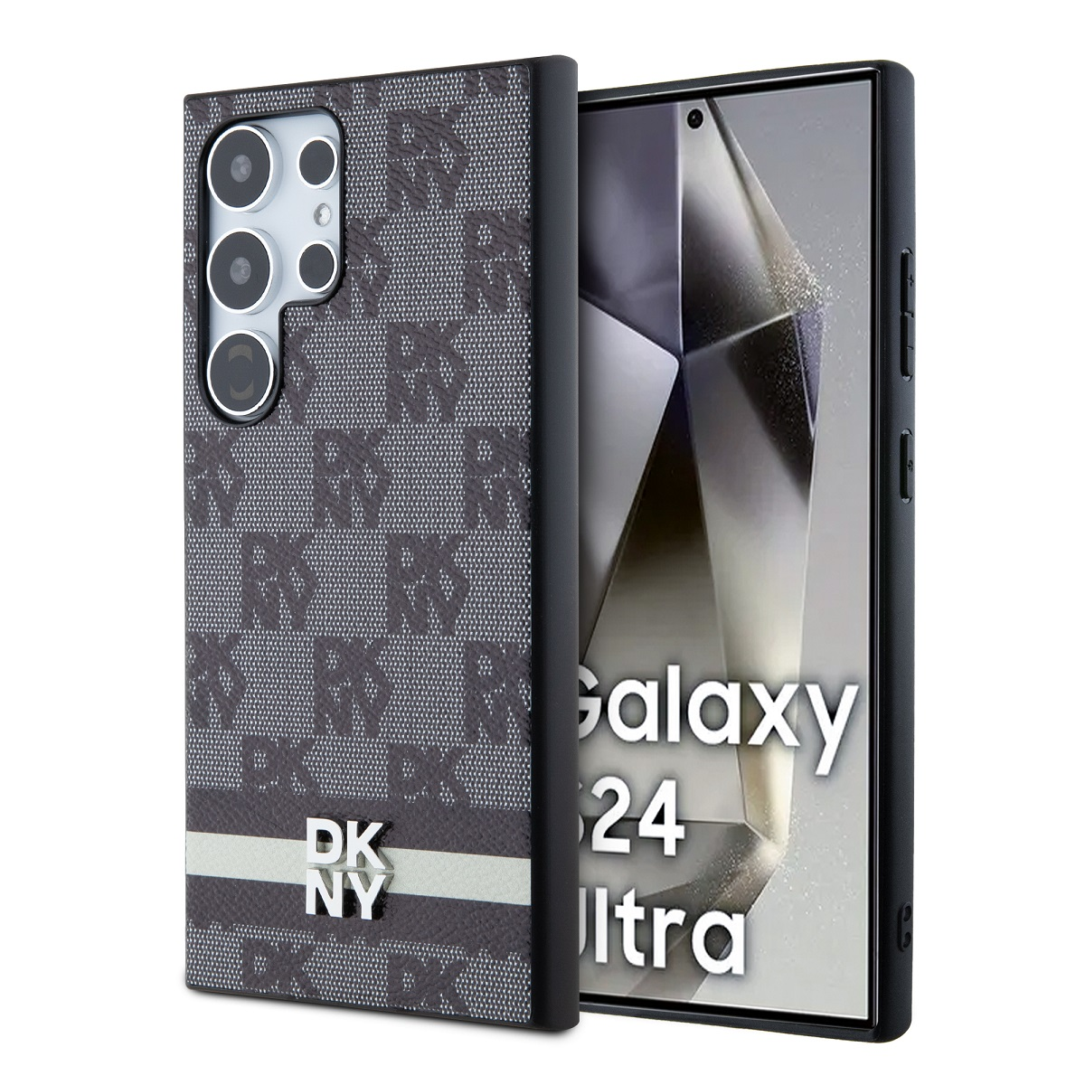 Un telefono con custodia DKNY. La custodia è grigia con una striscia bianca. Lo schermo mostra Galaxy S24 Ultra.