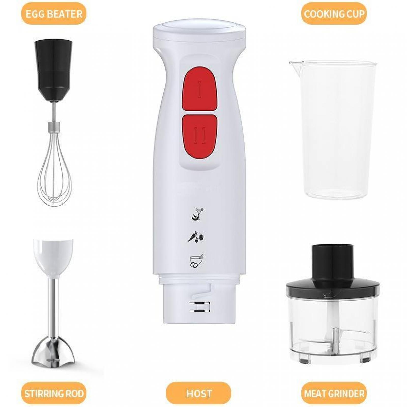 Ein weißer Handmixer mit Aufsätzen: Schneebesen, Messbecher, Rührstab, Host und Fleischwolf.
