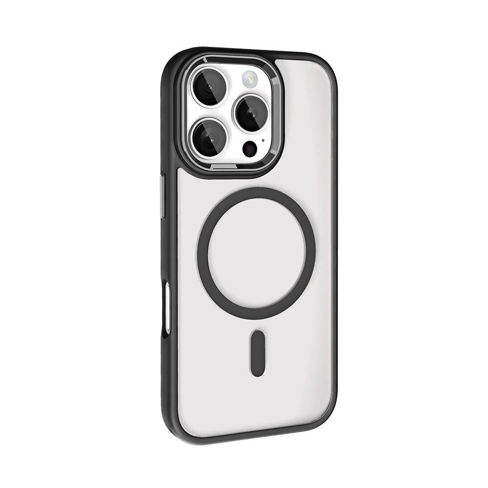 Siyah çerçeveli şeffaf bir telefon kılıfı. Kamera lensleri, dairesel bir tasarım ve küçük bir dikey çizgi görülebilir. Telefon beyazdır.