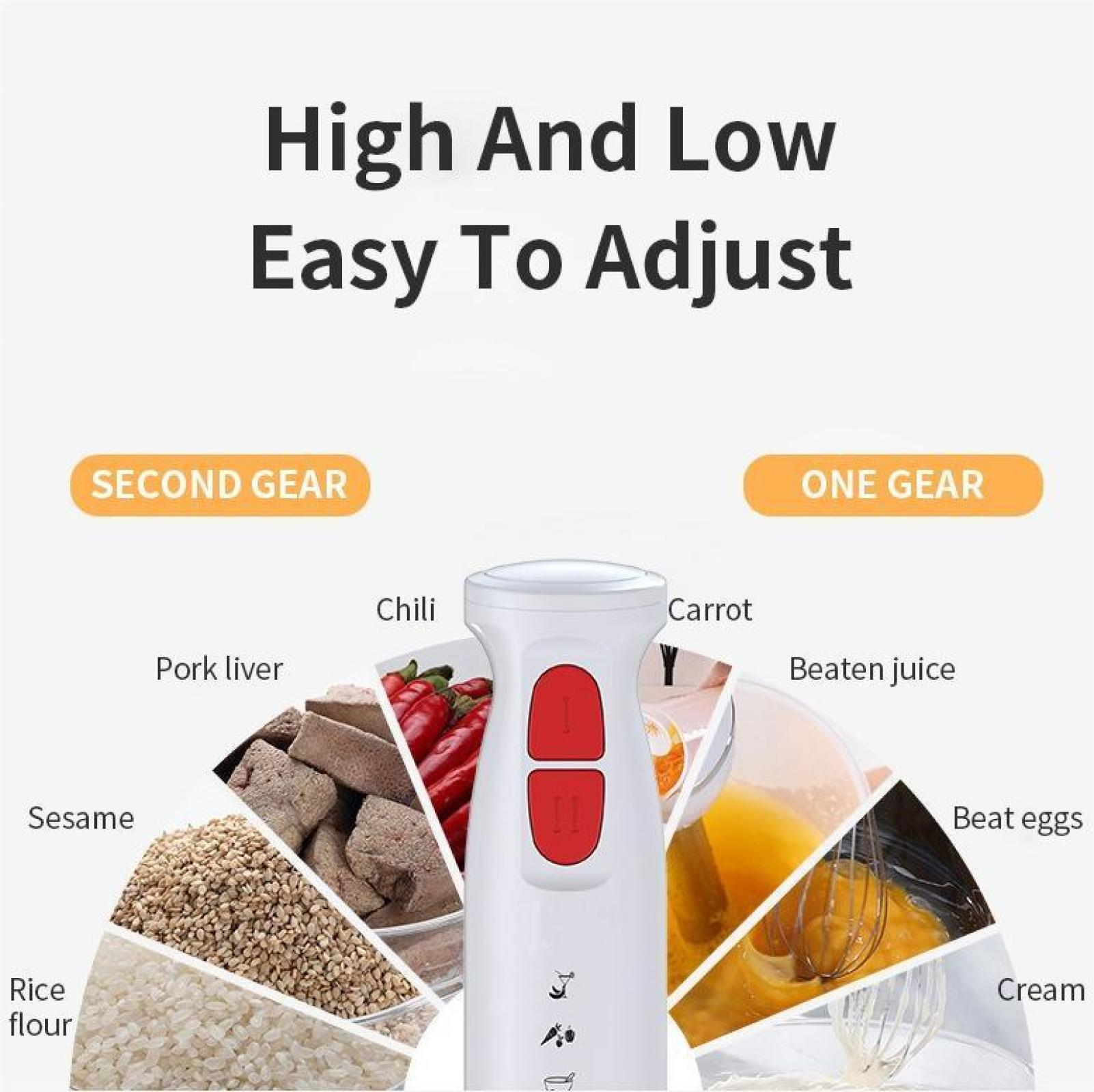 Ein weißer Mixer mit roten Knöpfen ist von Bildern von Zutaten wie Chili, Karotten, Sesam und Eiern umgeben.