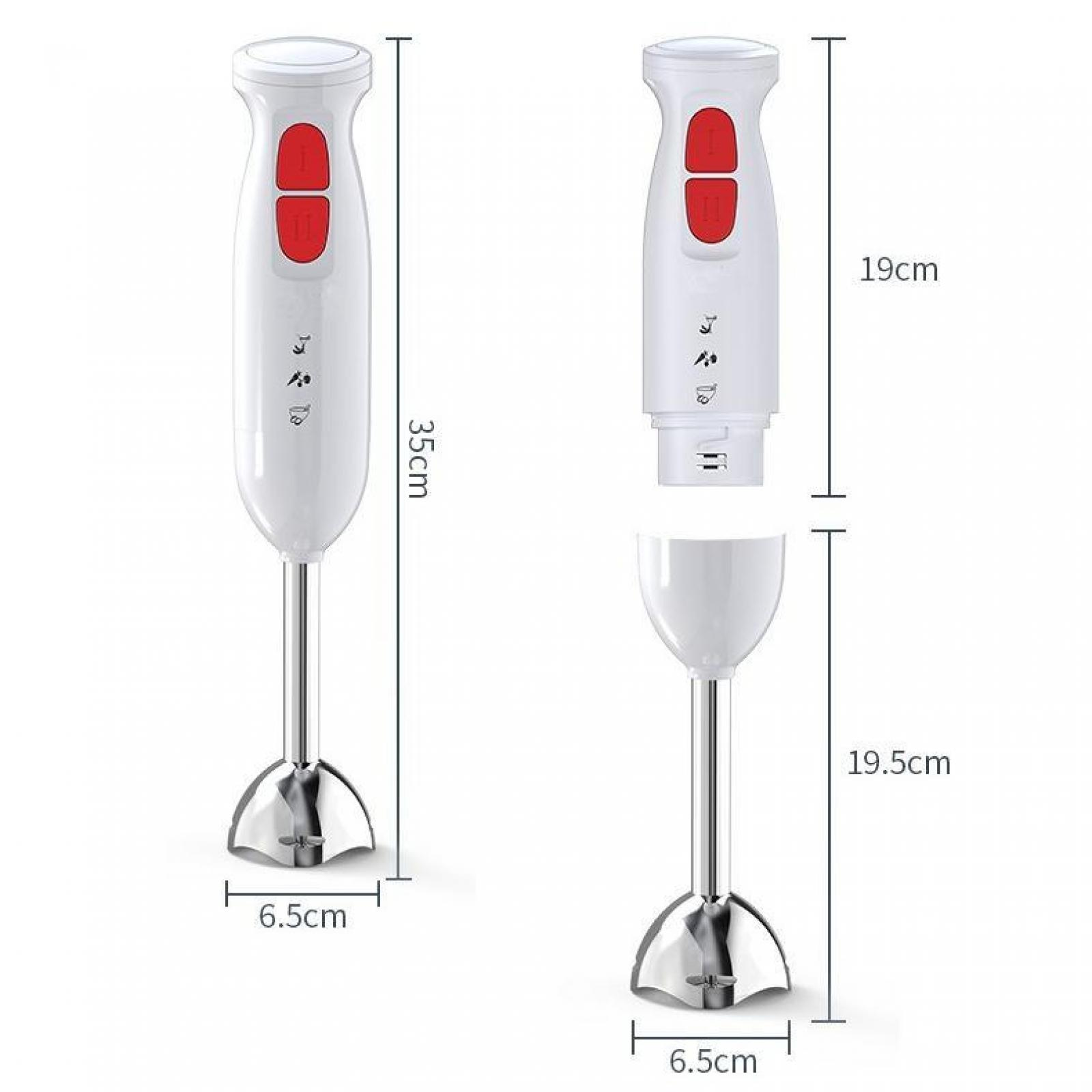 Ein weißer Stabmixer mit roten Knöpfen und einer Edelstahlklinge, im montierten und zerlegten Zustand, mit Abmessungen.