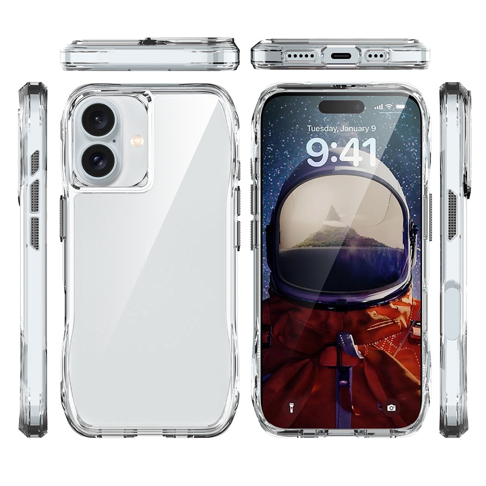 İçinde bir iPhone bulunan şeffaf telefon kılıfı. Ekran uzayda bir astronot gösteriyor. Telefon farklı açılardan gösteriliyor.