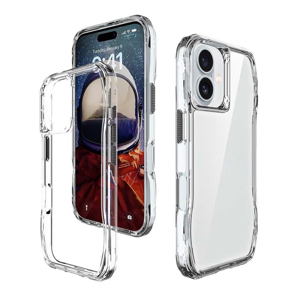Üç şeffaf telefon kılıfı. Biri astronot duvar kağıdı olan bir telefon tutuyor. Diğer ikisi boş, kılıfın tasarımını gösteriyor.