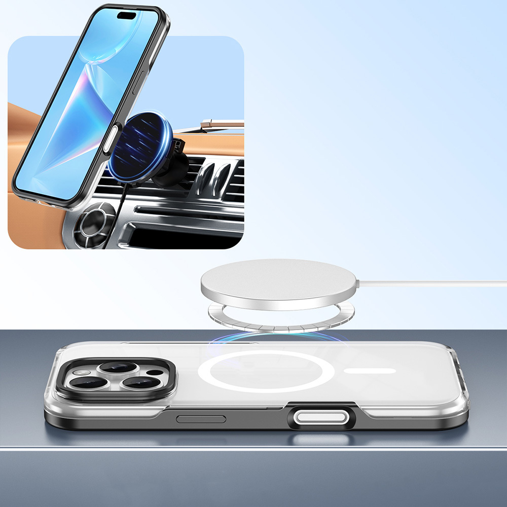 Araba tutucusunda akıllı telefon, şarj istasyonu ve telefon kılıfı, gradyan mavi bir arka plan üzerinde görüntüleniyor.