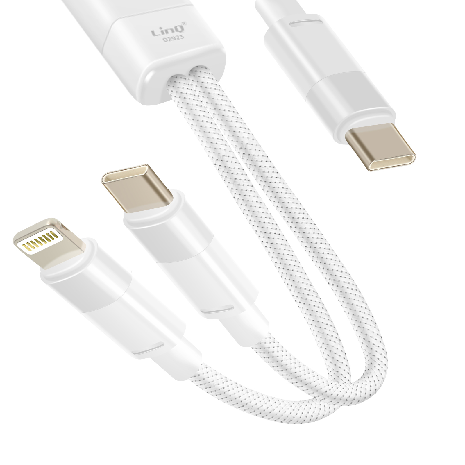 Weißes Ladekabel mit drei Anschlüssen: Lightning, USB-C und ein weiteres USB-C. Geflochtenes Kabel.