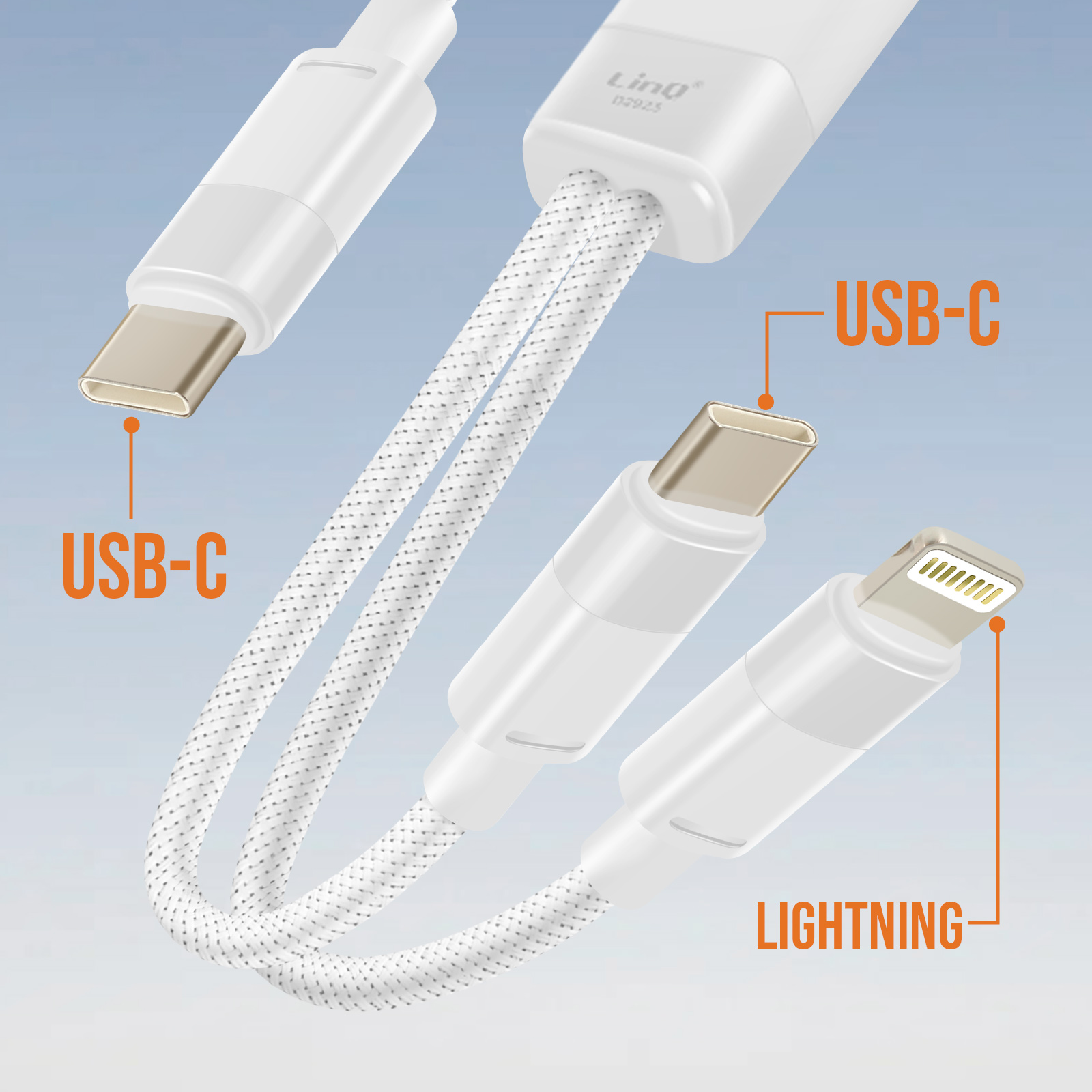 Weißes USB-C- und Lightning-Ladekabel, beschriftet mit Anmerkungen. Der Hintergrund ist hellblau.