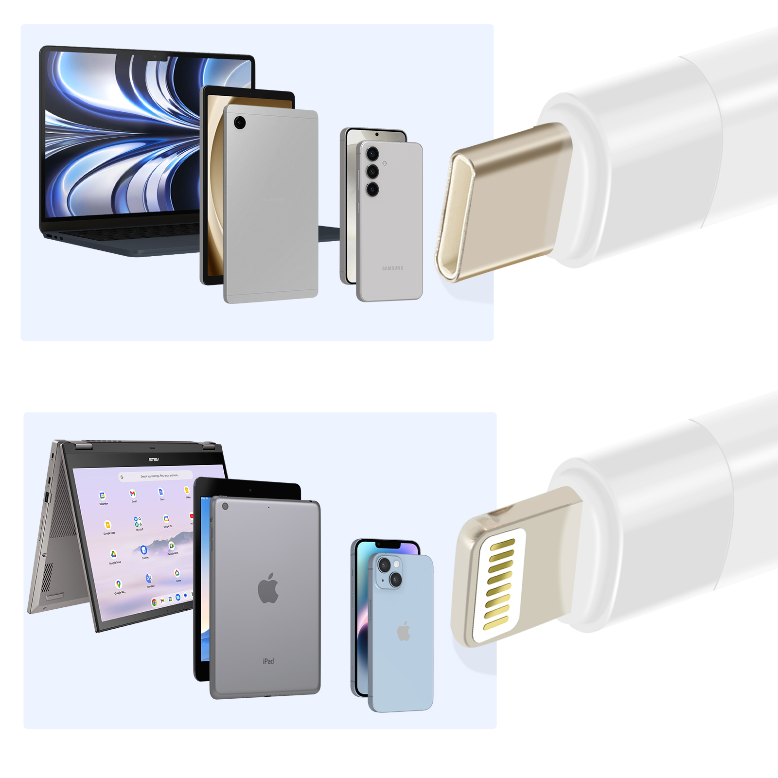 Das Bild zeigt Laptops, Tablets und Smartphones mit USB-C- und Lightning-Anschlüssen. Die Geräte sind in verschiedenen Größen und Farben erhältlich.